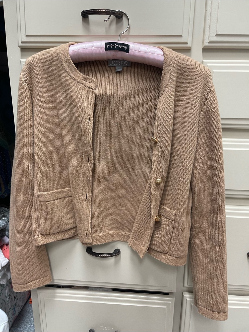 J. Crew Women's Camel Cropped Knit Jacket with gold buttons